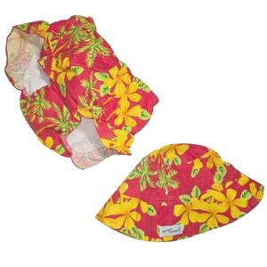 FLAP HAPPY sun hat swim bottoms diaper cover red orange yellow floral S M, chart